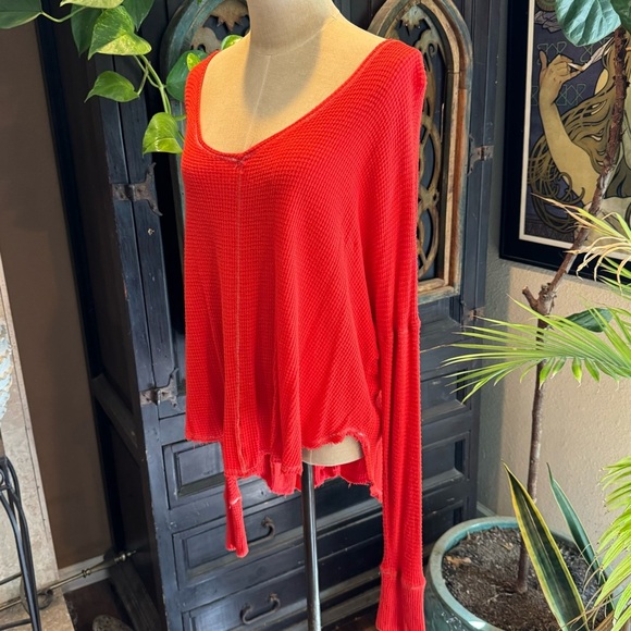 Anthropologie Waffle Knit Sun Blaze Orange oversized v neck pull over slouchy - Picture 4 of 13